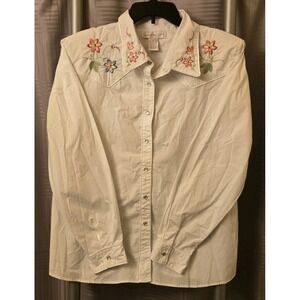 Susan Graver Style White Floral Embroidered Pearl Snap Shirt Large L Western